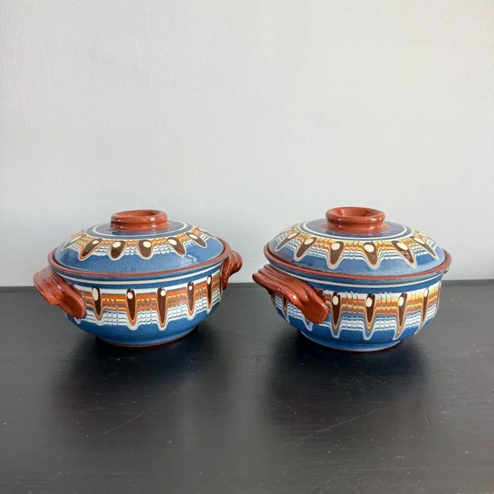 Vintage Bulgarian Redware Clay Pot Lid Traditional Folk Art Pottery Hand Painted